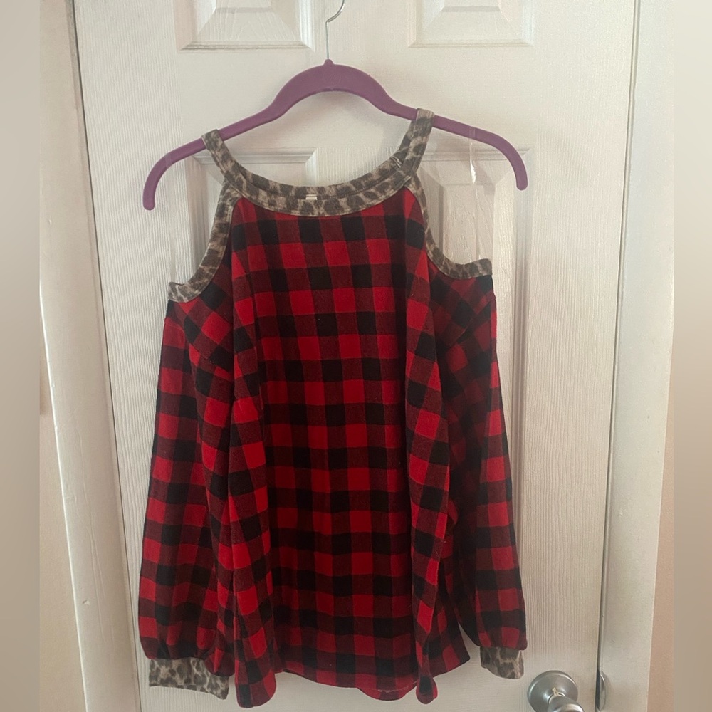 Red and Black Plaid Cold Shoulder Top